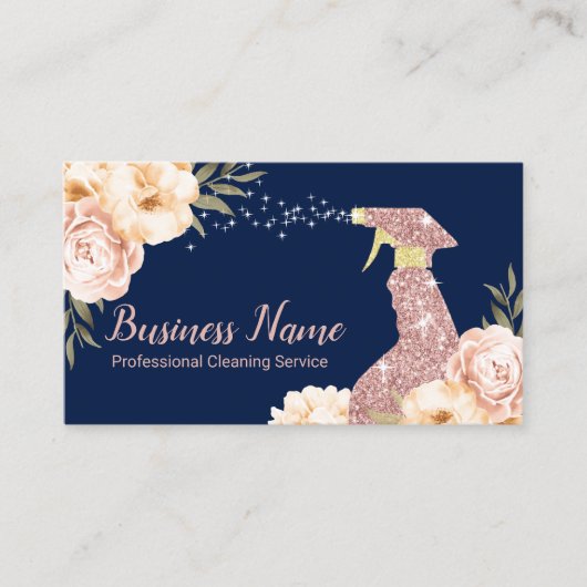House Cleaning Rose Gold Spray Modern Floral Navy  名刺 (正面)
