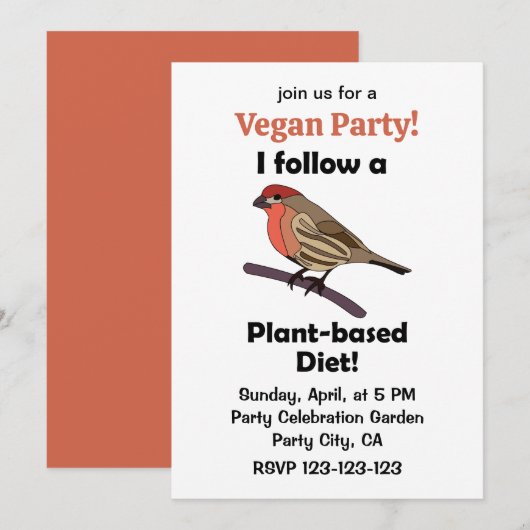 House Finch I Follow Plant-Based Diet Vegan Party 招待状 (正面/裏面)