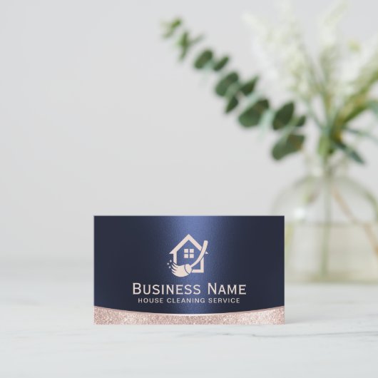 House Logo Home Cleaning Service Rose Gold & Navy 名刺 (スタンド正面)