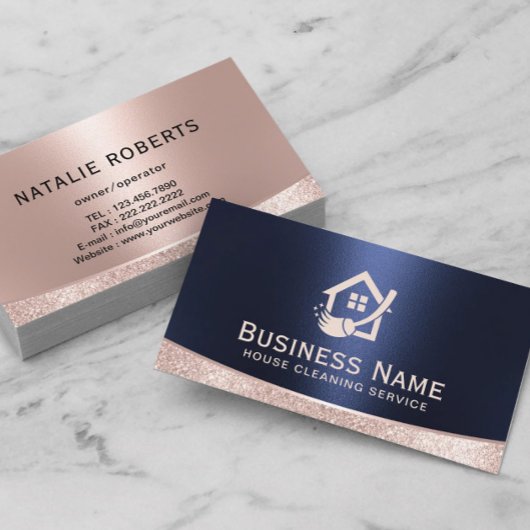 House Logo Home Cleaning Service Rose Gold & Navy 名刺