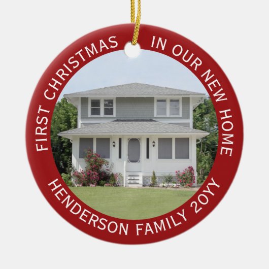 House Photos最初のクリスマス新しいホーム名&年赤 セラミックオーナメント (正面)