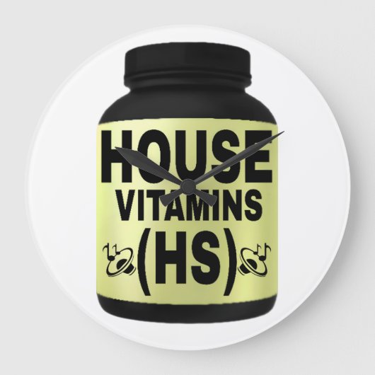 HOUSE VITAMINS (HS) 黒文字、黄色背景 ラージ壁時計 (正面)