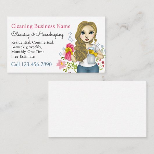 Housekeeping Maid Cleaning Services Floral 名刺 (正面/裏面)