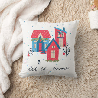 Houses Let it Snow Merry & Bright Christmas Pillow クッション