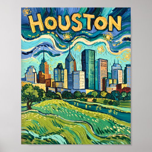 Houston Skyline Colorful Van Gogh Cityscape ポスター (正面)