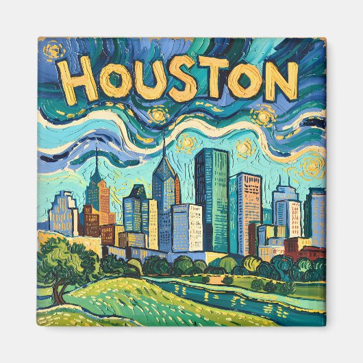 Houston Skyline Colorful Van Gogh Cityscape マグネット (正面)