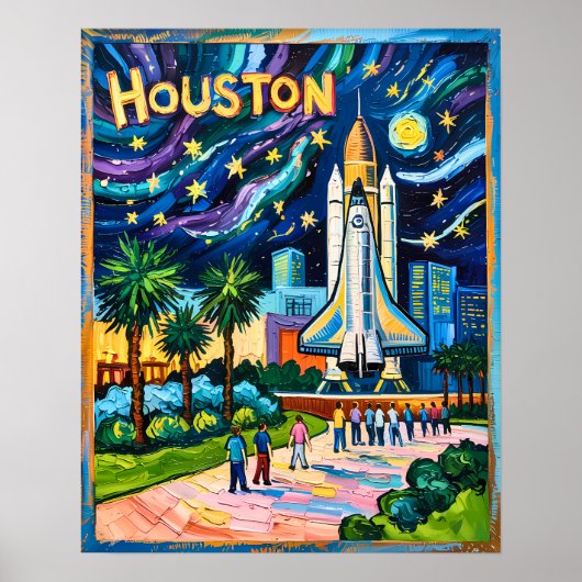 Houston Skyline Space Center Rocket Van Gogh Kids ポスター (正面)