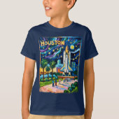 Houston Skyline Space Center Rocket Van Gogh Kids Tシャツ (正面)