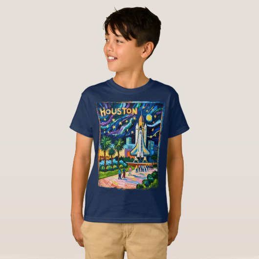 Houston Skyline Space Center Rocket Van Gogh Kids Tシャツ (正面フル)