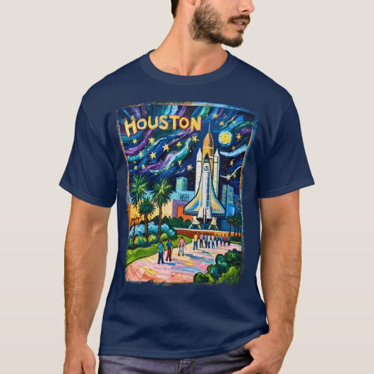 Houston Skyline Space Center Rocket Van Gogh Kids Tシャツ (正面)