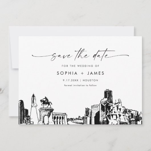 Houston Skyline Wedding Save the Date Card 招待状 (正面)