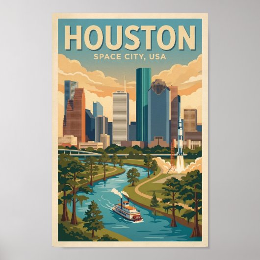 Houston Texas Illustration Travel Art Vintage ポスター (正面)