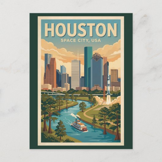 Houston Texas Illustration Travel Art Vintage ポストカード (正面)