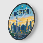Houston Texas Skyline Vintage Travel Poster ラージ壁時計 (傾斜)