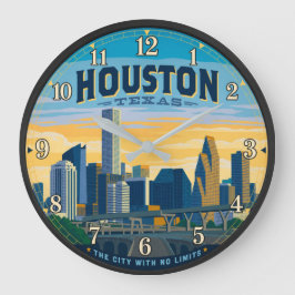 Houston Texas Skyline Vintage Travel Poster ラージ壁時計