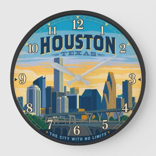 Houston Texas Skyline Vintage Travel Poster ラージ壁時計 (正面)