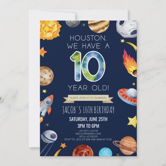 Houston We Have A 10 Year Old 10th Birthday Party 招待状 (正面)