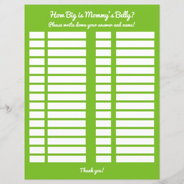 How Big is Mommy's Belly Baby Shower Game Log (正面)