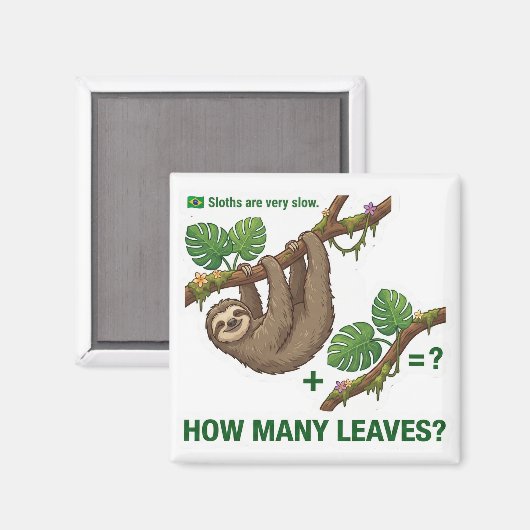 How Many Leaves? Sloth Brazil Math Game マグネット (正面/裏面)