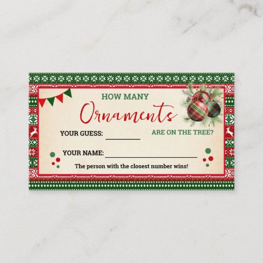 How Many Ornaments Game Ugly Sweater Card プレイスカード (正面)