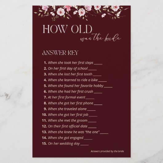 How Old Was the Bride Answer Key | Burgundy Floral (正面)