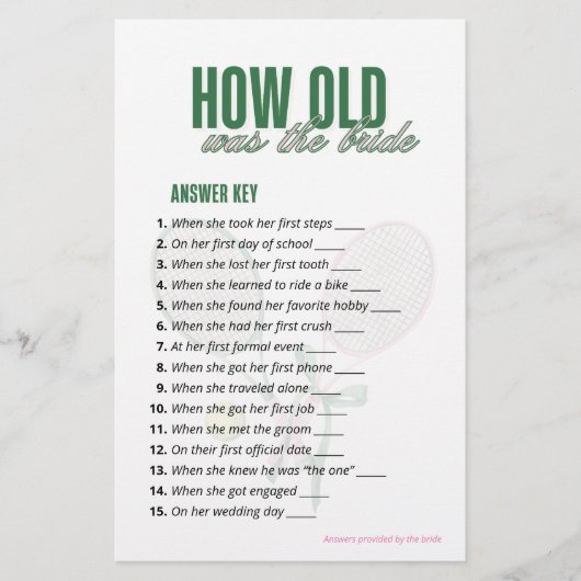 How Old Was the Bride Answer Key | Tennis Game  (正面)