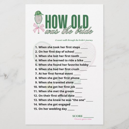 How Old Was the Bride Tennis Bridal Shower Game (正面)