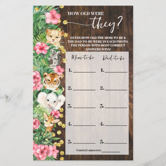 How old were They Pink Safari Shower Game Card チラシ (正面)