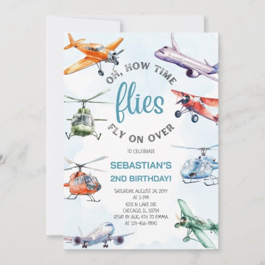 How Time Flies Boy 2nd Birthday Party 招待状 (正面)