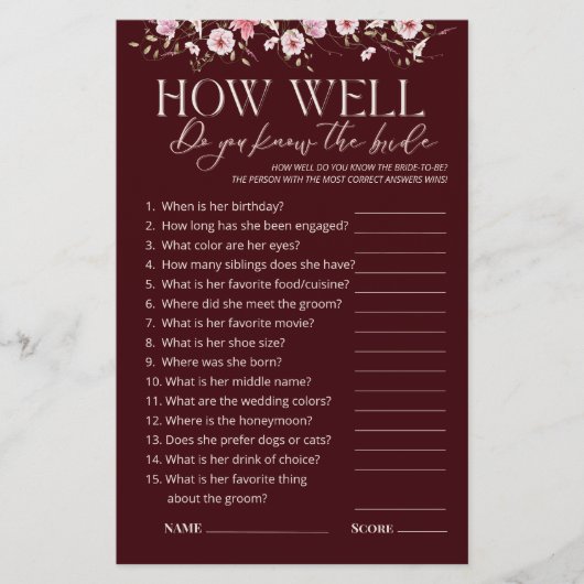 How Well Do You Know the Bride Bridal Shower Game (正面)