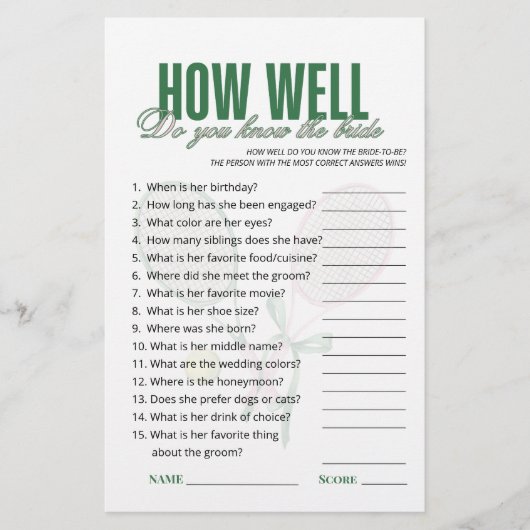 How Well Do You Know the Bride Tennis Bridal Game  (正面)