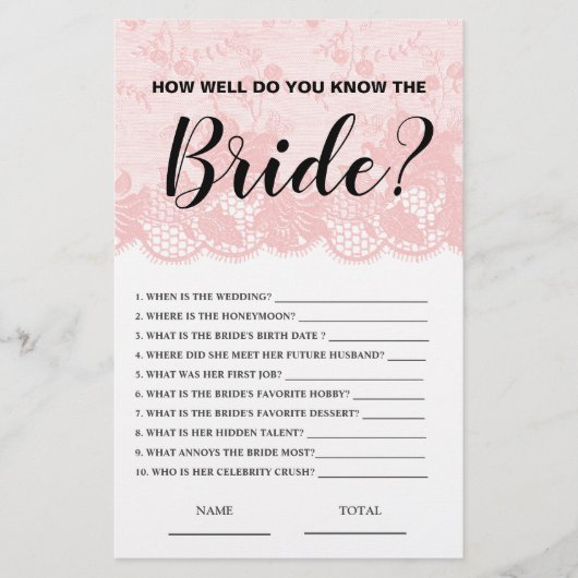 How well know the Bride Pink Lace Bridal Game (正面)