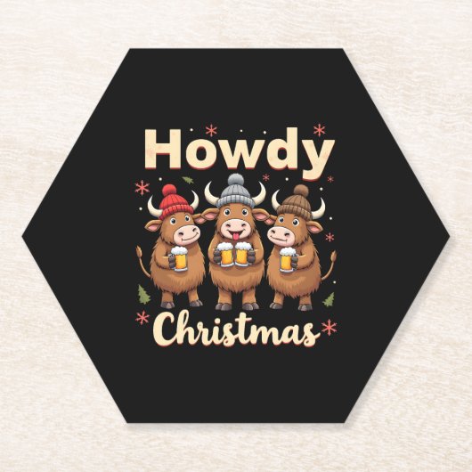 Howdy Christmas Funny Highland Cow Xmas Cows Lover ペーパーコースター (正面)