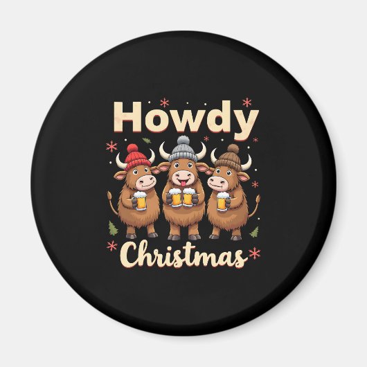 Howdy Christmas Funny Highland Cow Xmas Cows Lover マグネット (正面)