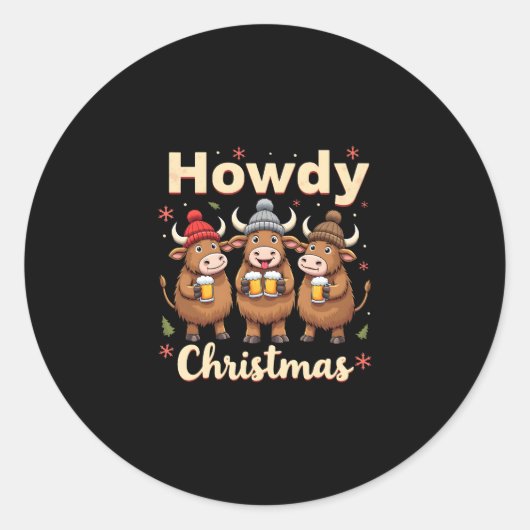 Howdy Christmas Funny Highland Cow Xmas Cows Lover ラウンドシール (正面)