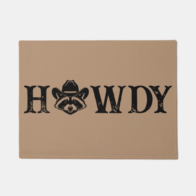 Howdy Cowboy Raccoon Western Funny Welcome Mat ドアマット (正面)