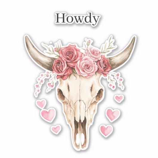 Howdy Skull Pink Roses Hearts シール (正面)