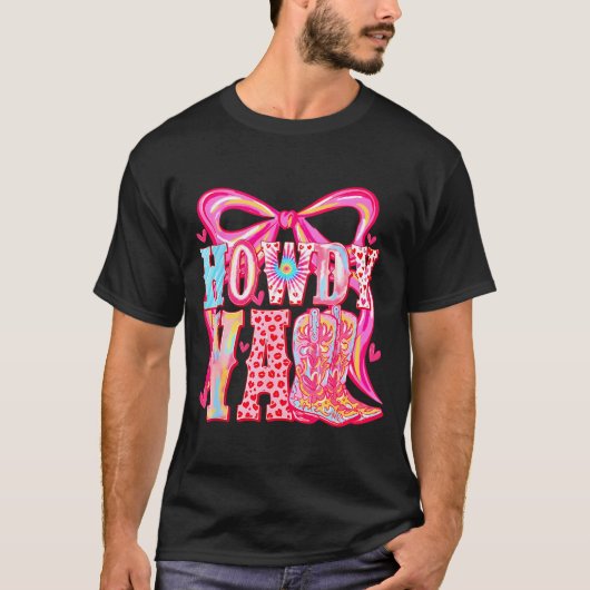 Howdy Yall Cowboy Boots Coquette Bow Western Valen Tシャツ (正面)