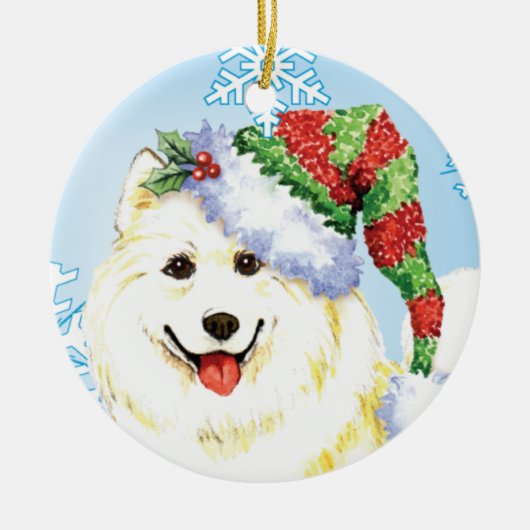 Howlidaysの幸せなSamoyed セラミックオーナメント (正面)