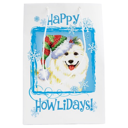 Howlidaysの幸せなSamoyed ミディアムペーパーバッグ (正面)