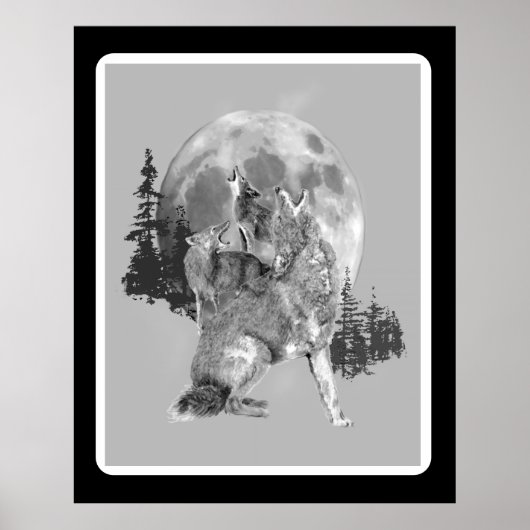 Howling Coyotes Animal Watercolor Wildlife Art ポスター (正面)