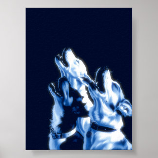 Howling Dogs Poster Print Wall Art blue design ポスター