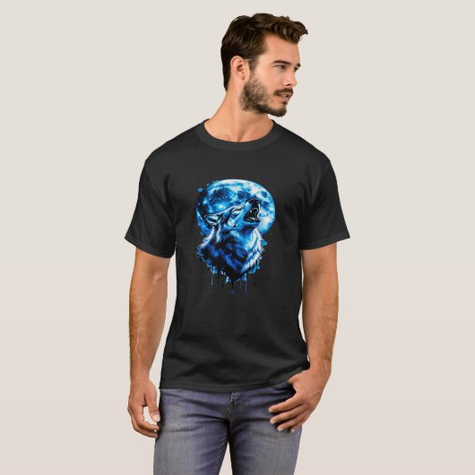 Howling Moon Wolf Tattoo Tee — Blue Ink Dream, Mys Tシャツ (正面フル)