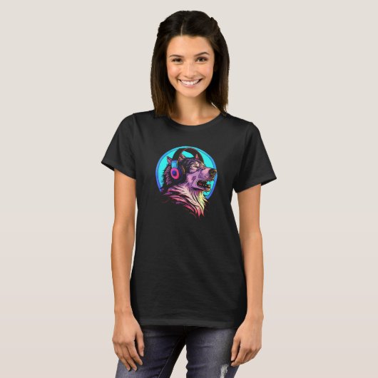 Howling Wolf 80s Werewolf With Headphones Retro Mu Tシャツ (正面フル)