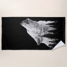 Howling Wolf Beach Towel – Black and White Forest  ビーチタオル
