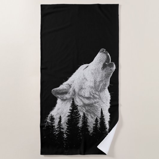 Howling Wolf Beach Towel – Black and White Forest  ビーチタオル (正面)
