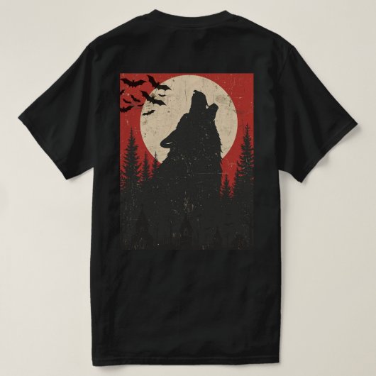 Howling Wolf Full Moon Retro Horror Print Tシャツ (デザイン裏面)