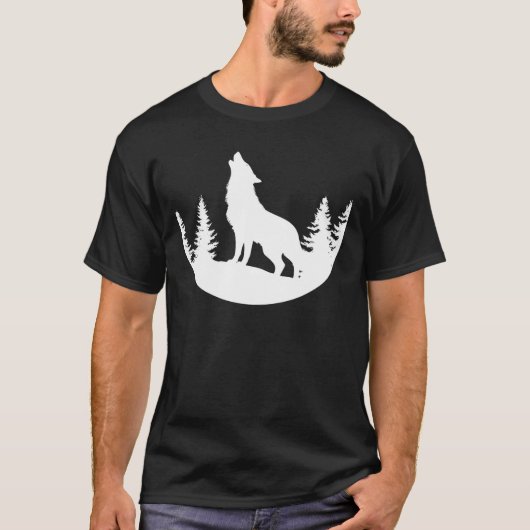 Howling Wolf in Forest Silhouette Design Black and Tシャツ (正面)