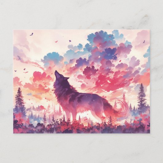 Howling Wolf in Pink Sunset Forest ポストカード (正面)
