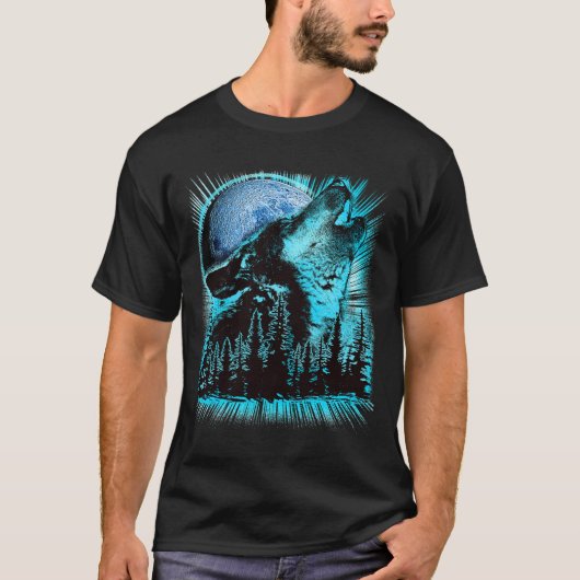 Howling Wolf Moon Pine Forest Art Tシャツ (正面)